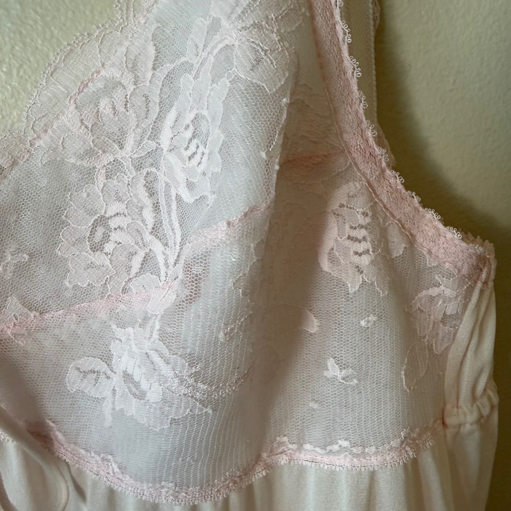 Vintage Pink Lace Bodice Nightgown Maxi Chemise Sleepwear Ruffle Strap Small - Picture 4 of 10